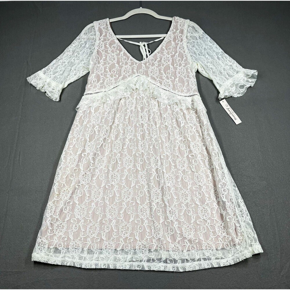 Xtraordinary White Pink Nude Lined Floral Lace V-Neck Short Sleeve A-Line M